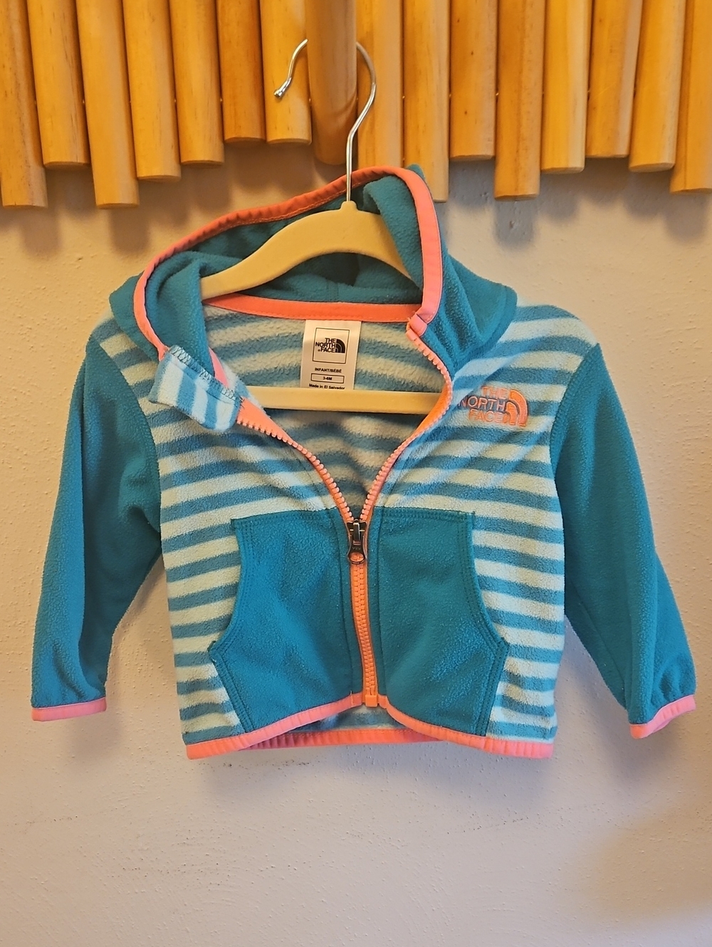 The North Face Teal & Light Blue Striped Hooded Fleece with Coral Trim